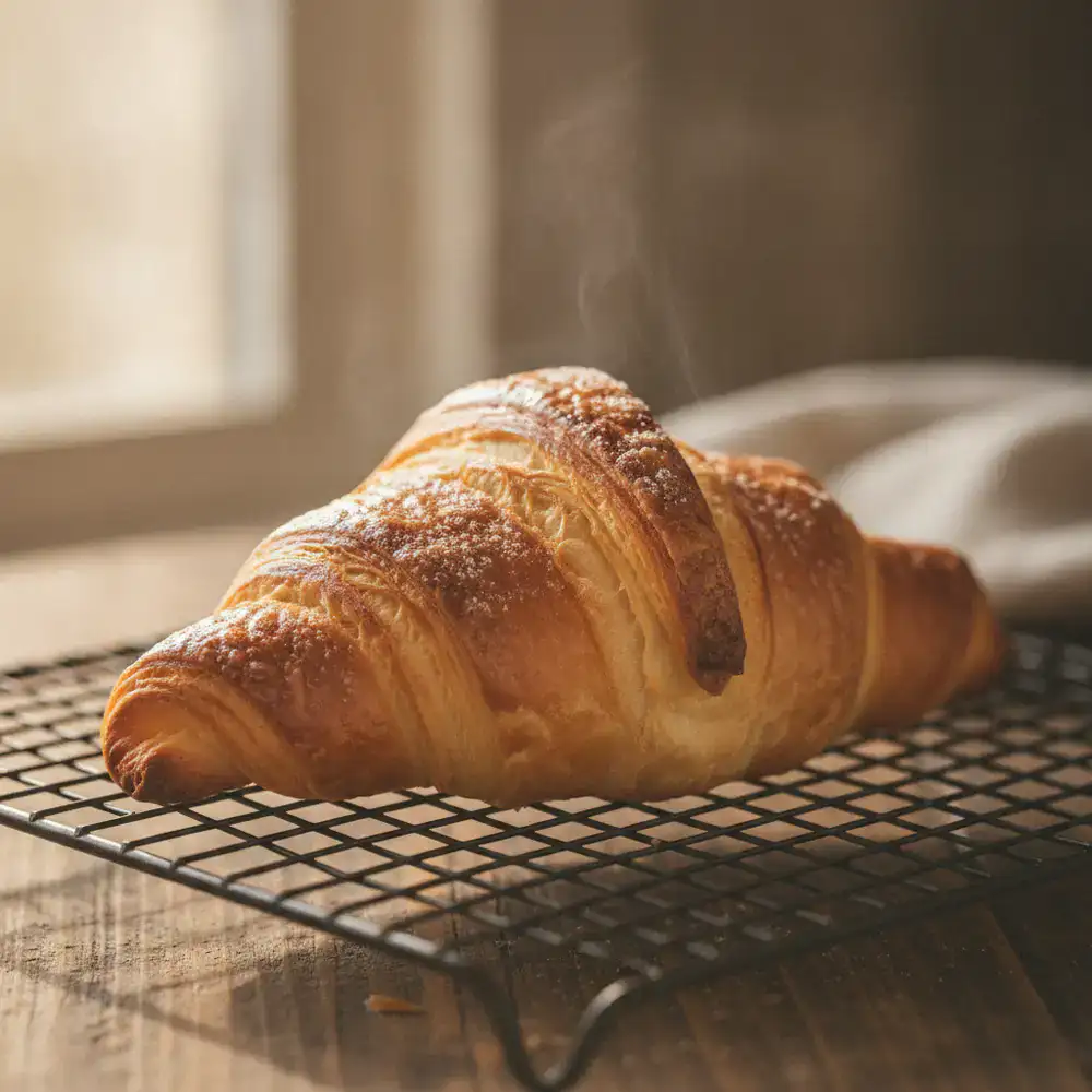 Heritage Butter Croissant fresh on a baking rack